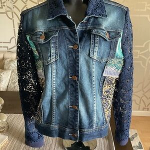 Berek Denim & Lace Patchwork Crop Jacket Size L